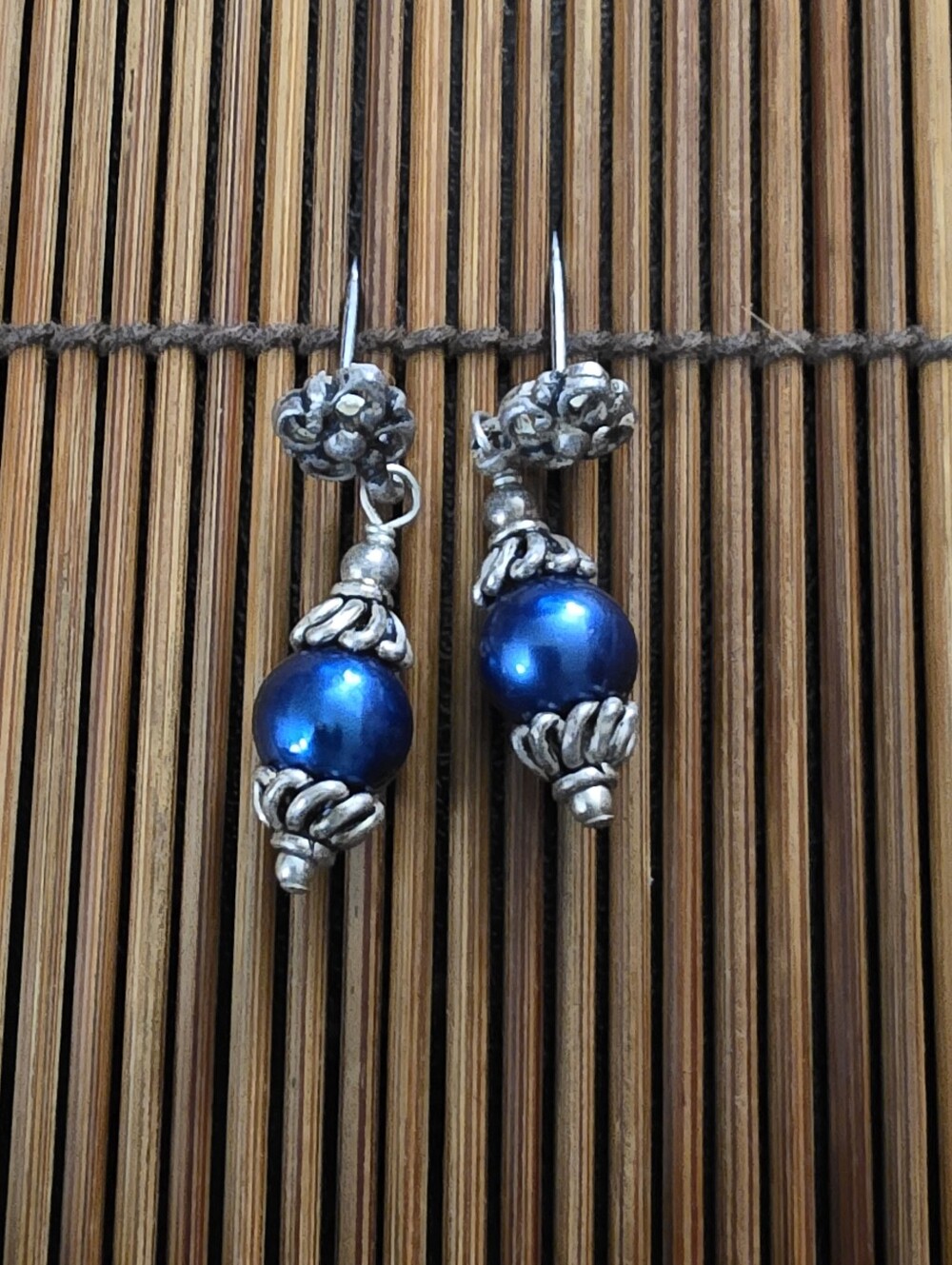 Sterling Silver Royal Blue Pearl Dangle Earrings (Vintage)